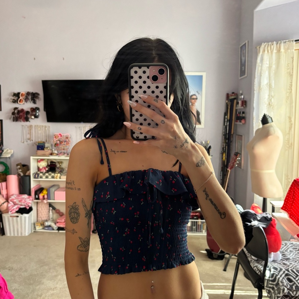 smocked cherry print tank top